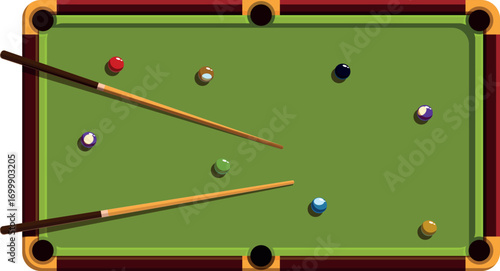 Green billiard table with balls and cues, illustrating the concept of playing billiards