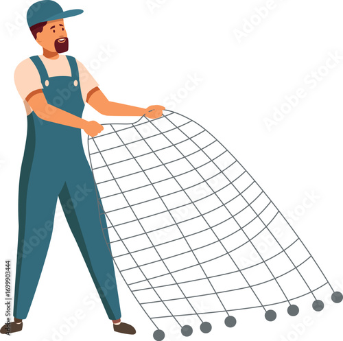 Fisherman holding a fishing net, preparing to cast it into the water