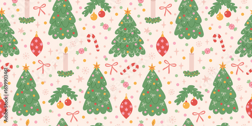 Christmas vintage preppy seamless pattern. Xmas holiday background with hand drawn Christmas tree, bow, candle, confetti, star, snowflakes, candy cane. Vector illustration.