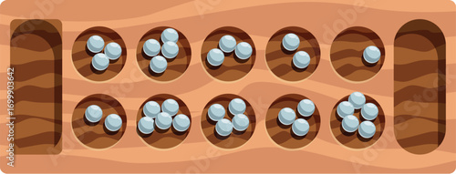 Mancala board game set up for playing, showing wooden board and game pieces in progress
