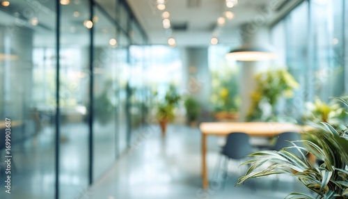 Fototapeta Naklejka Na Ścianę i Meble -  Abstract office interior background. Blurry office space. Modern workspace design. Glass walls, blurred furniture, plants. Natural light, commercial building, business concept, indoor. High quality
