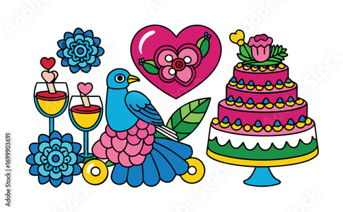 Romantic wedding doodle composition of swans, decorated cake with hearts, flower bouquet, and love-themed champagne flutes arranged in a graceful festive manner