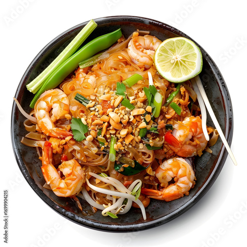 Authentic Pad Thai Shrimp Noodle Dish in Dark Bowl, Overhead View
