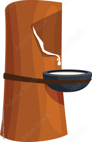 White rubber latex dripping into a bowl attached to a rubber tree, sustainable harvesting and resource extraction in the rainforest
