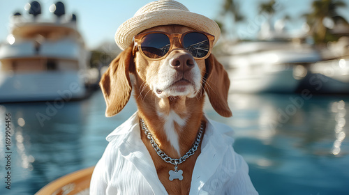 Adorable rich dog dressed in trendy accessories on fancy yacht, sunglasses and hat completing anthropomorphic style, humorous pet artwork about wealth, luxury travel, and fashionable lifestyle.
