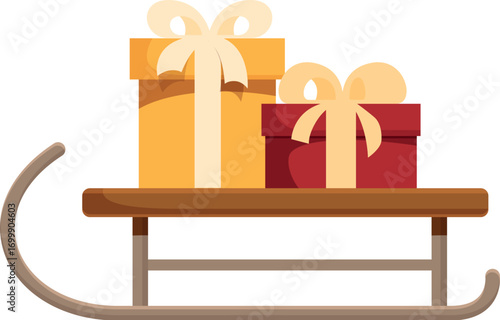 Wrapped christmas presents sitting on a wooden sled, perfect for holiday delivery