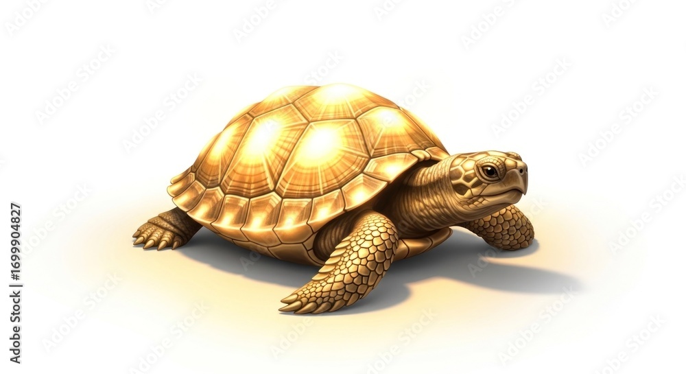 Fototapeta premium A golden tortoise, radiant and detailed, stands out against a plain white background.