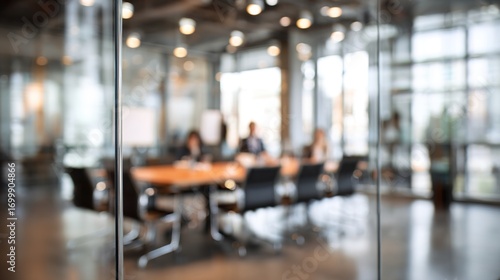 Defocused board meeting background behind glass wall. High quality