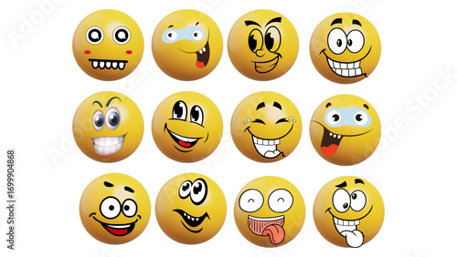 Set of emoji emoticons with funny faces and cartoon expressions