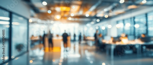 Abstract blurred interior modern office space with business people working banner background with copy space. High quality