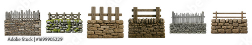 Rustic stone wall and wooden fence set including picket, rail, cross-bar, and mossy variations isolated. Countryside and garden architectural elements.