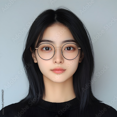 Cute Asian teenage girl with glasses, natural smooth skin, isolated headshot portrait on neutral gray background, professional biometric passport ID style photography for business or student.