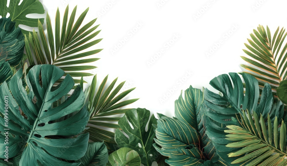 Fototapeta premium Lush tropical leaves frame a blank white space