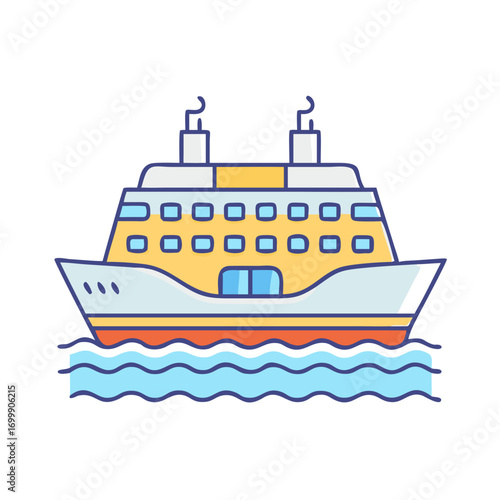 Cartoon illustration of a large cruise ship sailing on ocean waves