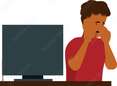 Young boy suffering from eye strain after using computer for long hours, concept of eye health and digital eye strain