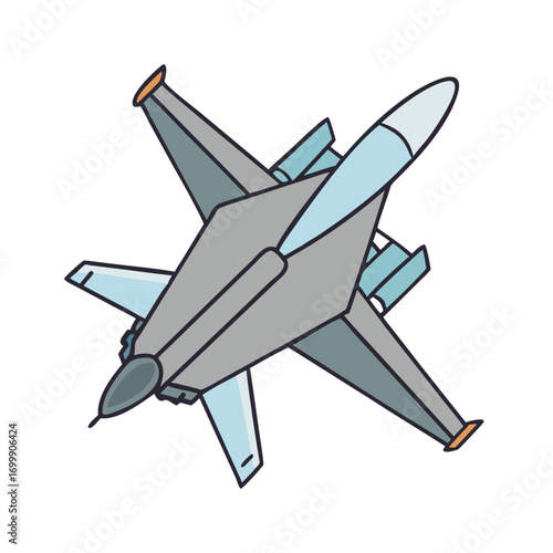 Stylized cartoon military jet aircraft with grey body and blue accents
