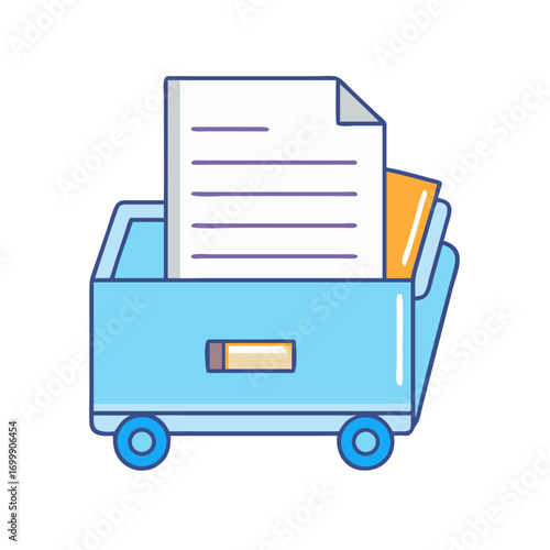 Cartoon filing cabinet with papers and wheels for storing important data
