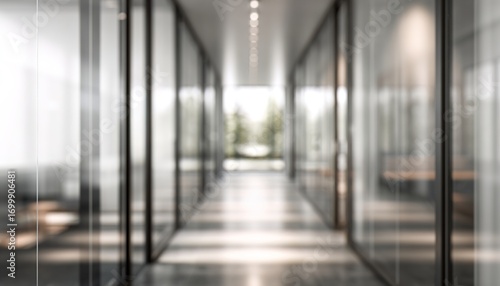 Blurred office hallway with glass walls and neutral colors creates a sense of space. Professional photos for backgrounds for text, banners, posters, and web displays. High quality