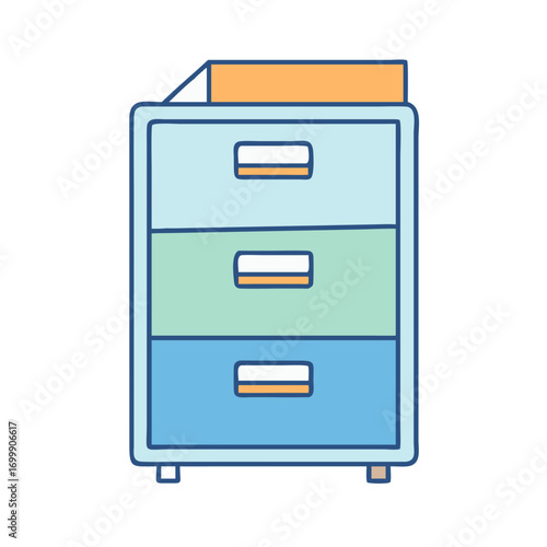 Cartoonish file cabinet with three drawers and blue outline design