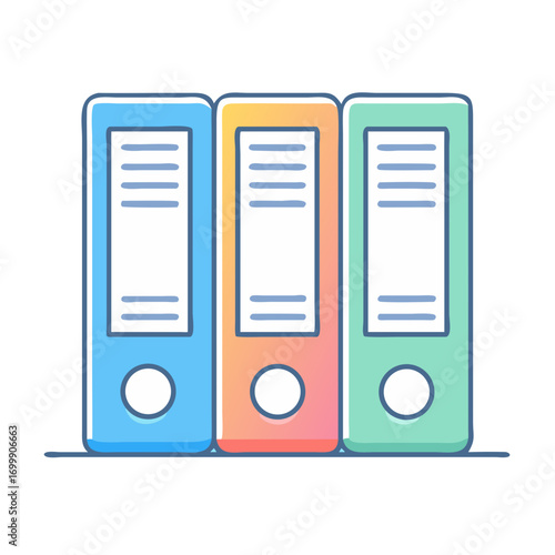 Colorful cartoon illustration of three ring binders standing on a flat surface