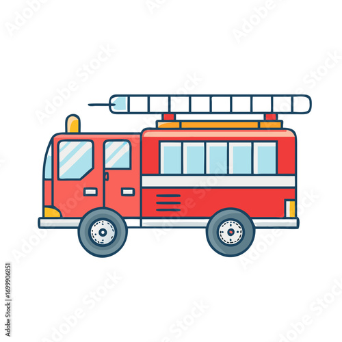 Cartoon Fire Truck Illustration with Ladder and Vintage Design Elements