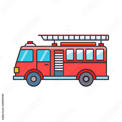 Cartoon Illustration of a Classic Red Fire Engine with Ladder Rack