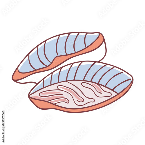 Two Cartoonish Slices of Salmon with Skin and Visible Marbling Pattern