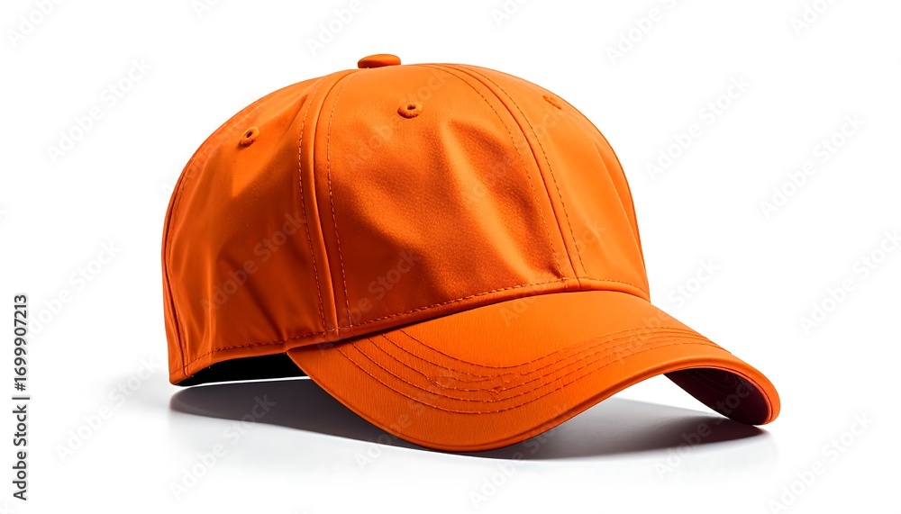 Fototapeta premium A vibrant orange baseball cap sits angled against a plain white background, showcasing its smooth texture and simple design.