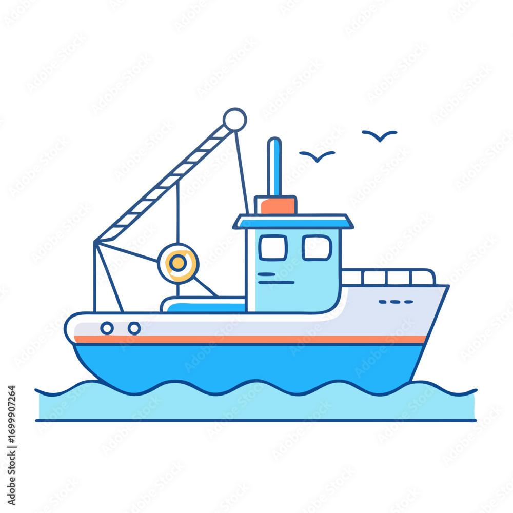 Fototapeta premium Fishing boat at sea with crane and gulls in cartoon style image