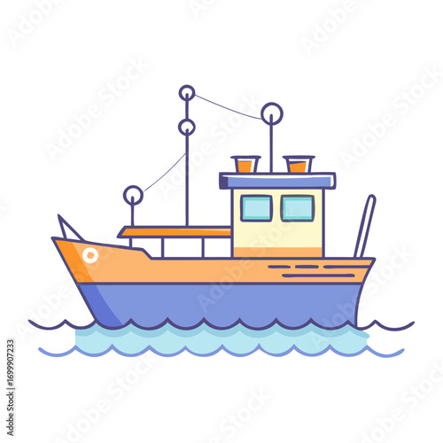 Cartoon illustration of a simple fishing boat sailing on calm ocean water