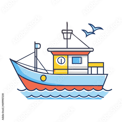 Cartoon fishing boat at sea with birds flying nearby illustration