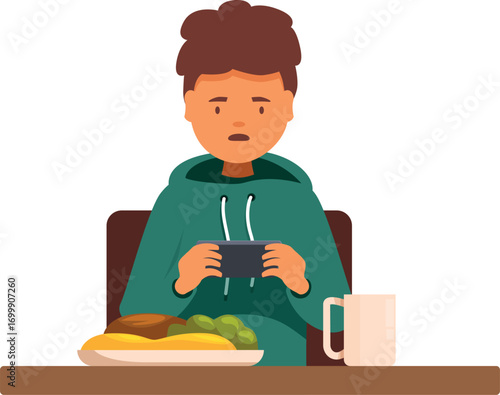 Teenager playing with mobile phone and ignoring healthy food during lunch, concept of phone addiction and unhealthy lifestyle