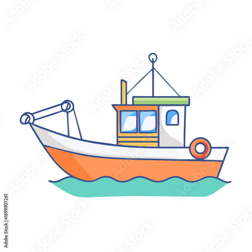 Cute cartoon fishing boat sailing on the waves in a colorful illustration