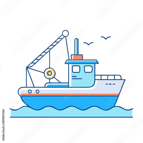 Fishing boat at sea with crane and gulls in cartoon style image