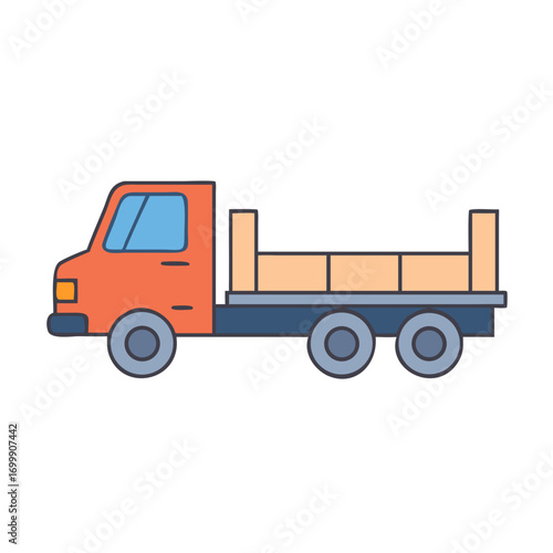 Orange flatbed truck with blue window and blue wheels on white background
