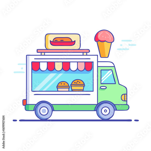 Adorable Cartoon Food Truck with Hot Dog and Ice Cream Illustration