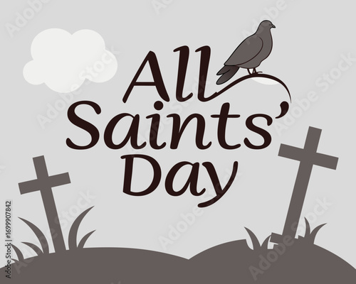All Saints Day Graphic with Dove Crosses Cloud and Elegant Script on a Light Background graphic