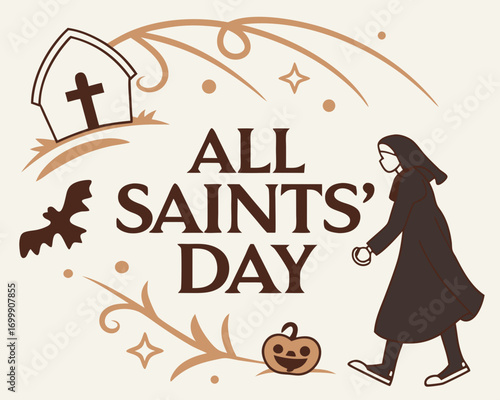 Minimalist All Saints Day Illustration with Nun Tombstone Pumpkin and Bat in Neutral Brown and Beige Tones