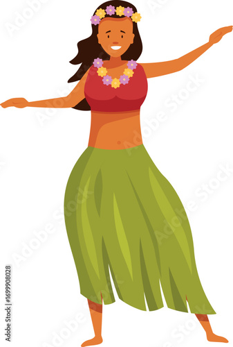 Woman dancing hula, a traditional hawaiian dance, wearing a green skirt and flower garlands