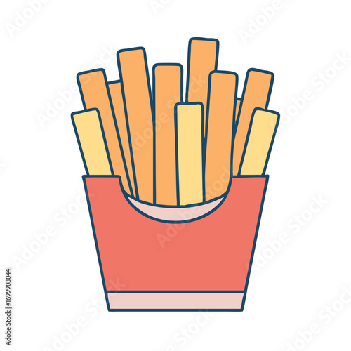 Illustration of classic french fries in a red box, outlined in blue