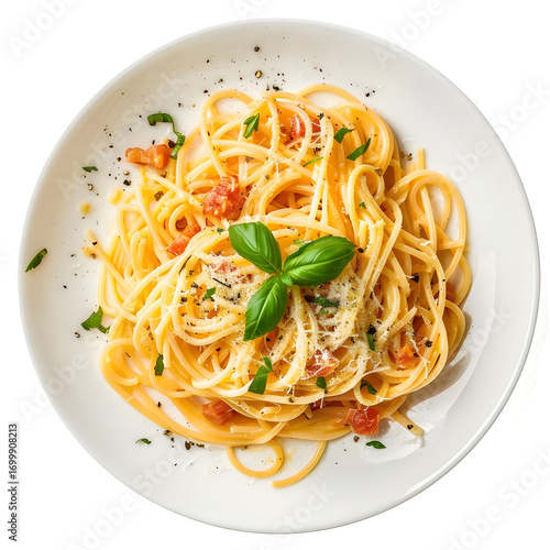 Spaghetti Carbonara with Basil, Parmesan Cheese, and Black Pepper