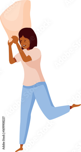 Happy woman running with pillow, preparing for fun pillow fight