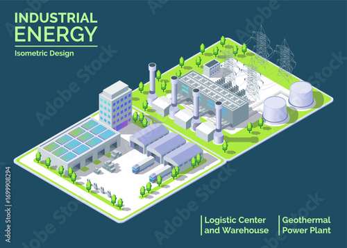 Cartoon Color Geothermal Power Plant, Logistic Center and Warehouse Industrial Energy Building Concept 3d Isometric View. Vector illustration