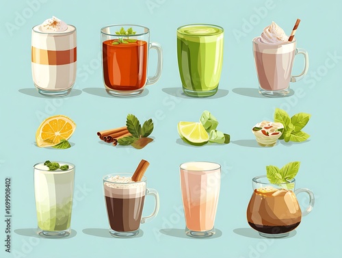 Set of various illustrated drinks from hot spiced coffee to iced green tea, showcasing a diverse and refreshing beverage menu concept