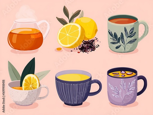 Cozy tea time illustrations featuring a variety of mugs, a glass teapot, fresh lemons, and warm herbal beverages
