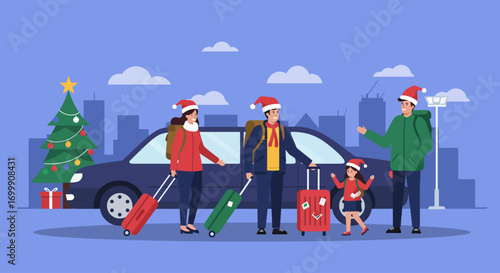 A dynamic Flat Design vector illustration showing a family traveling for their Christmas holidays, with luggage and a sense of journey