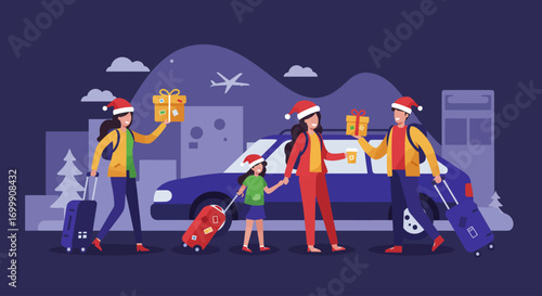 A dynamic Flat Design vector illustration showing a family traveling for their Christmas holidays, with luggage and a sense of journey