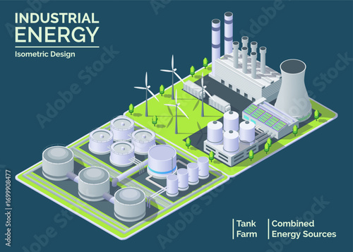 Cartoon Color Combined Energy Sources Power Plant and Tank Farm Industrial Energy Building Concept 3d Isometric View. Vector illustration