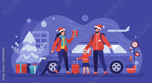 A dynamic Flat Design vector illustration showing a family traveling for their Christmas holidays, with luggage and a sense of journey