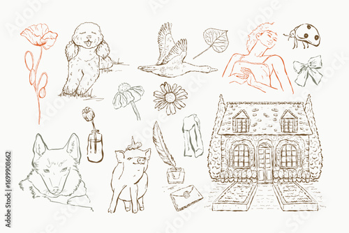 Cottagecore themed set Vintage Dogs and Cottage